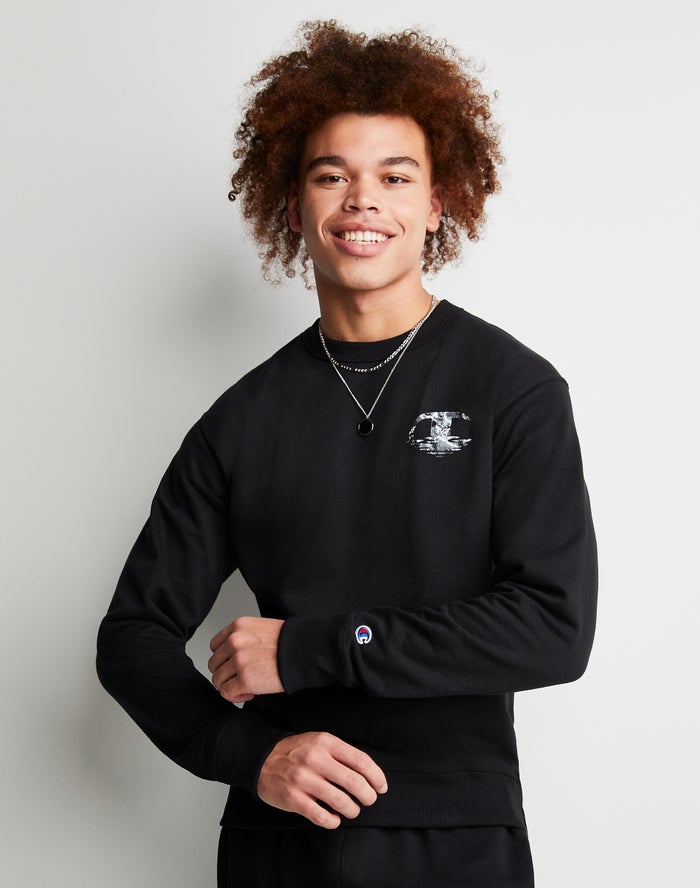 Champion Herre Sweatshirt Sort - Powerblend Fleece Crew Chasing Waves - Danmark OTA-648231